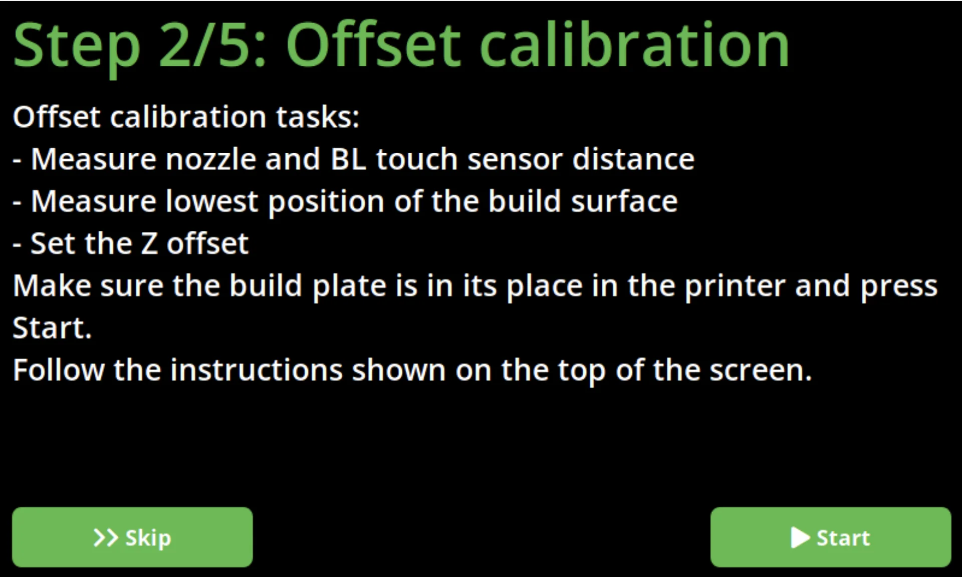 Offset calibration instructions for CraftBot Flow IDEX XL 3D printer display. Guidance on nozzle distance, build surface, and Z offset. Interactive start button.