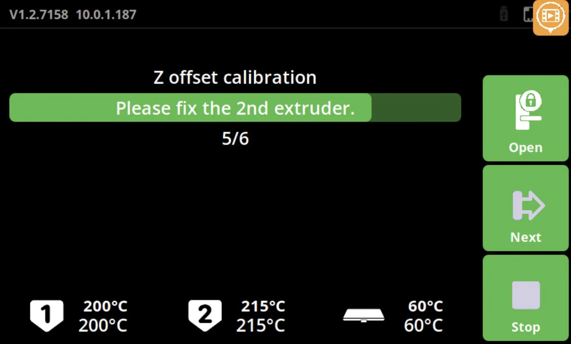 Craftbot Flow IDEX XL display showing Z offset calibration with a prompt to fix the 2nd extruder, temperature settings, and navigation buttons.