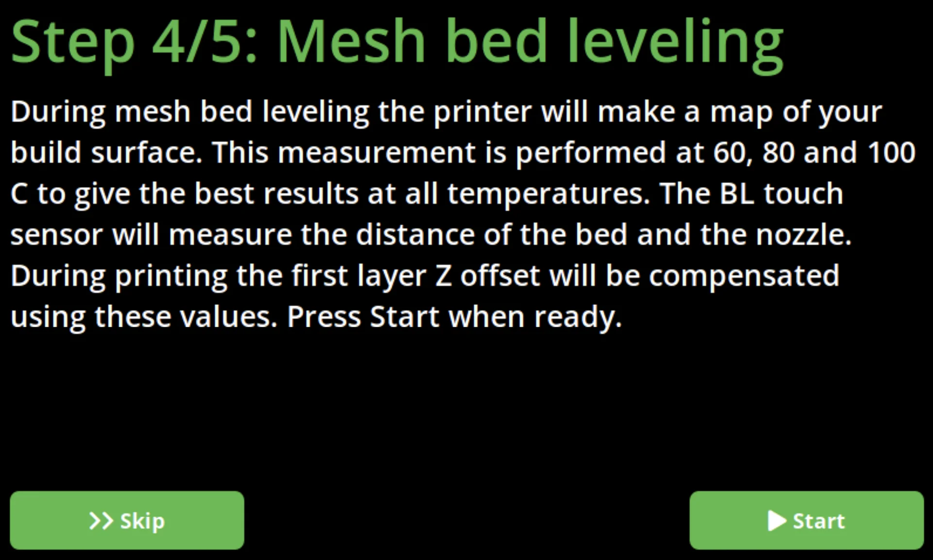 Craftbot Flow IDEX XL mesh bed leveling notification with instructions and start option displayed on the screen.