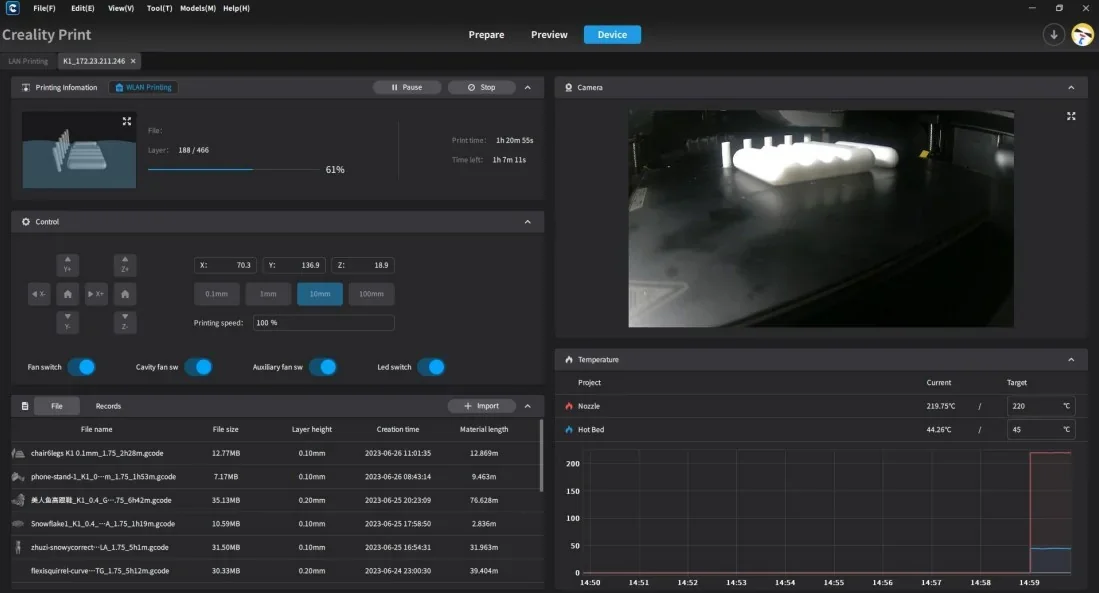 Creality K1 control panel showing 3D print progress at 61% with camera view of part, print details, and temperature settings.