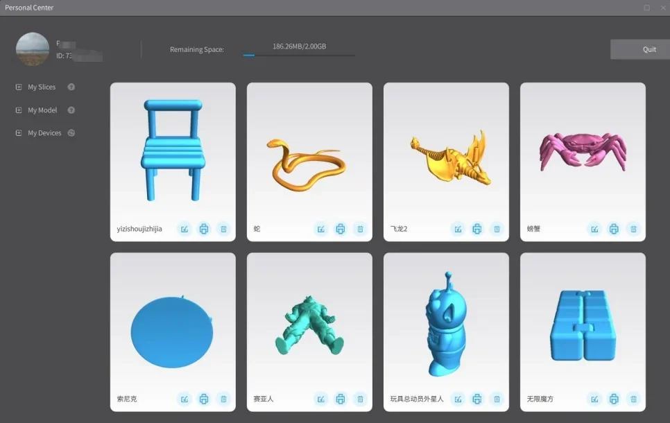 Creality K1 3D printer interface displays 8 design samples: chair, snake, dragon, crab, disc, alien, cartoon figure, and a box.
