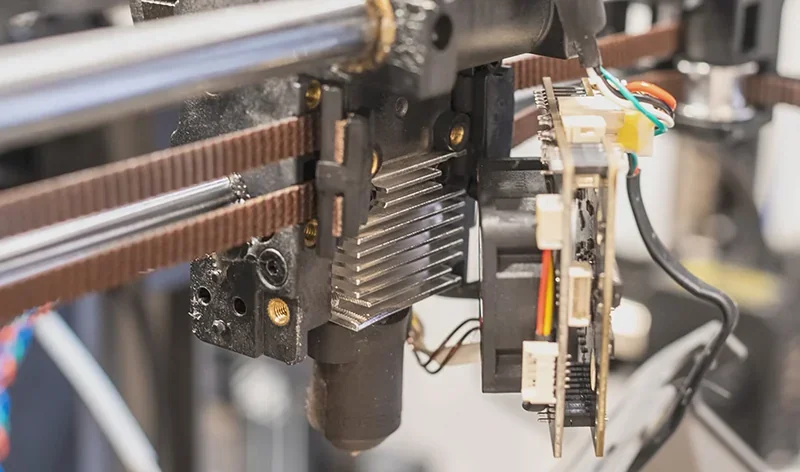 Creality K1 3D printer close-up of extruder mechanism and circuit board, showcasing detailed assembly and wiring components.