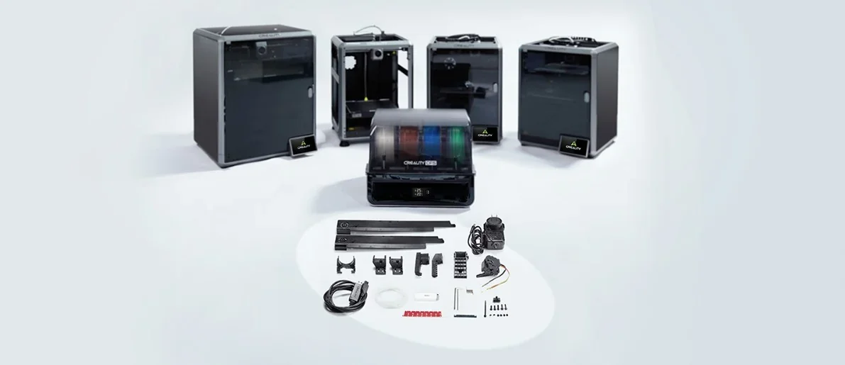 Creality K1 3D printers with accessories displayed, showcasing various parts and colored filament spool, emphasizing advanced printing capabilities.