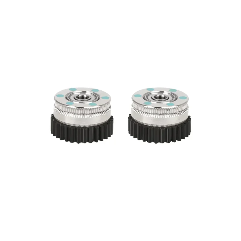 Creality K1 3D printer parts showing two silver and black gear-like components with blue accents, potentially filament feed gears.