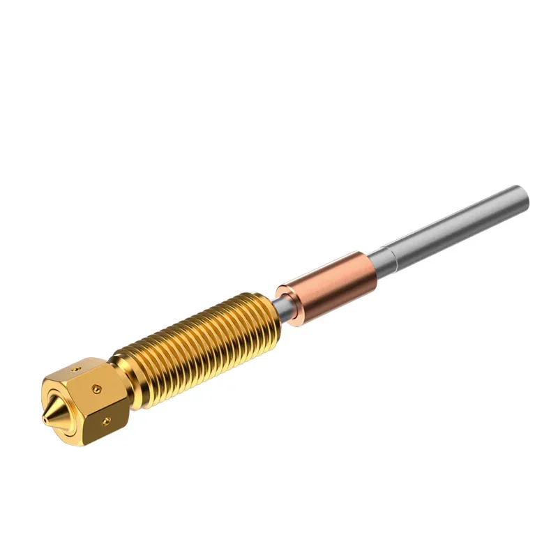 Creality K1 3D printer nozzle and heatbreak assembly, featuring a gold-colored threaded nozzle and silver rod, essential components for printing.