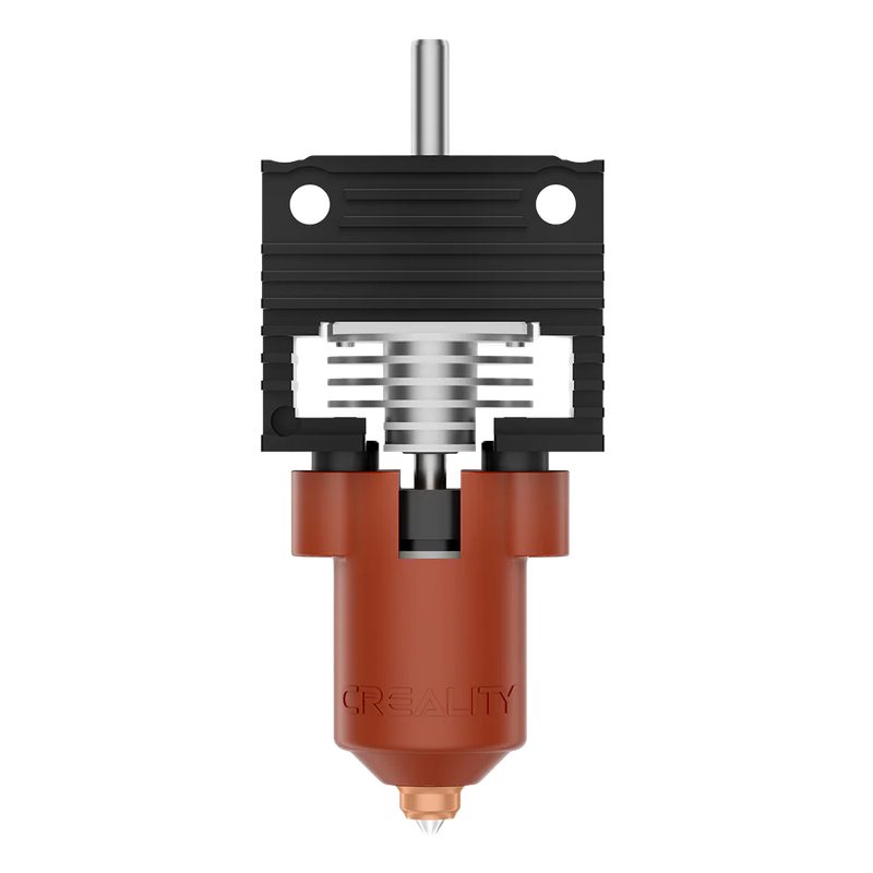 Creality K1 3D printer nozzle with red and black casing, showcasing intricate design details and branding.