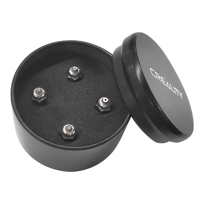 Creality K1 nozzle set in an open black round case with branding on the lid, showcasing five nozzles inside on a foam insert.