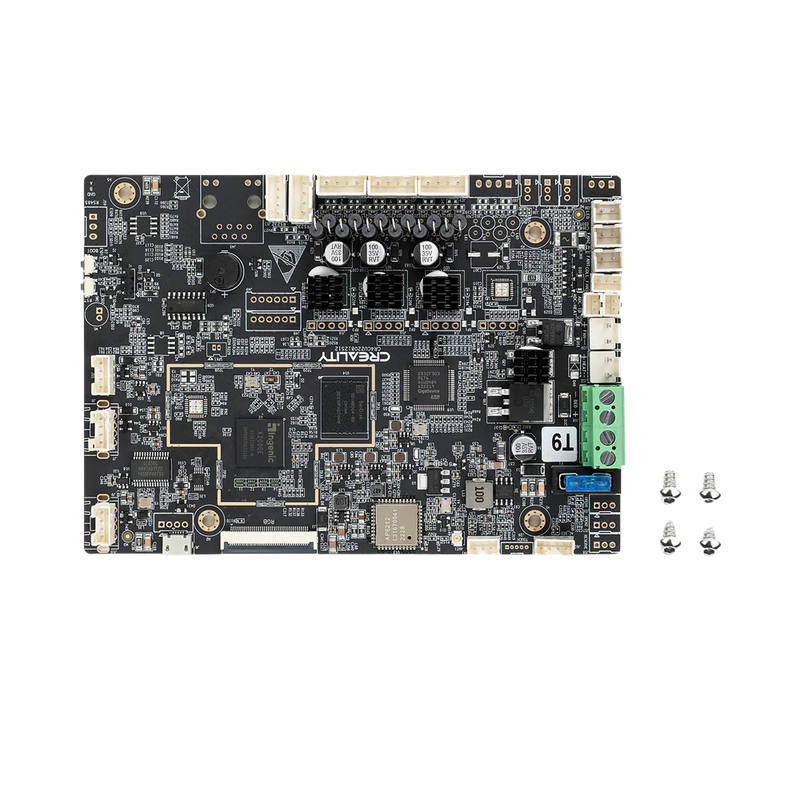 Creality K1 motherboard with various electronic components and connectors, showcasing detailed circuitry and branding, accompanied by small printed samples.