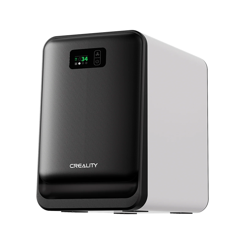 Creality K1 3D printer with sleek black and white design, digital display on top front, Creality logo, modern and minimalist appearance.