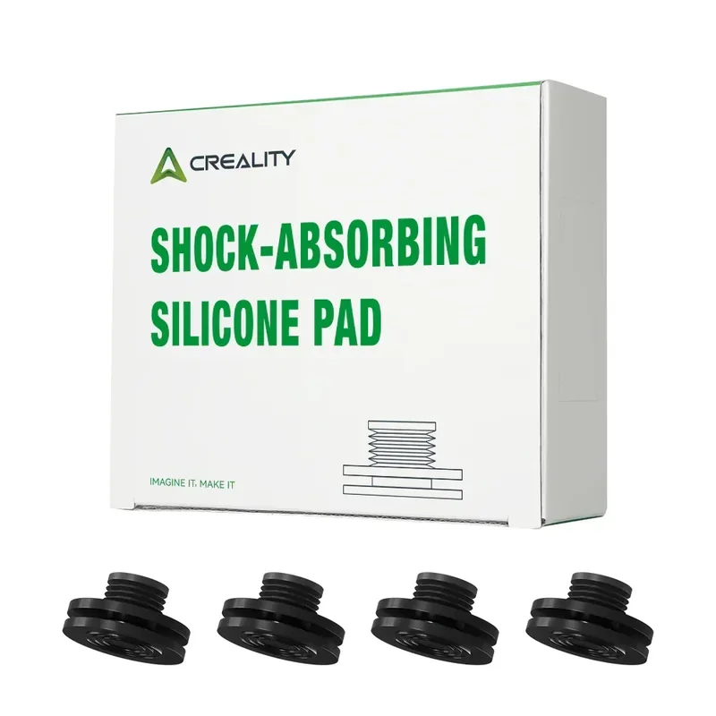 Creality K1 silicone pad box with logo, includes four black shock-absorbing pads displayed in front.