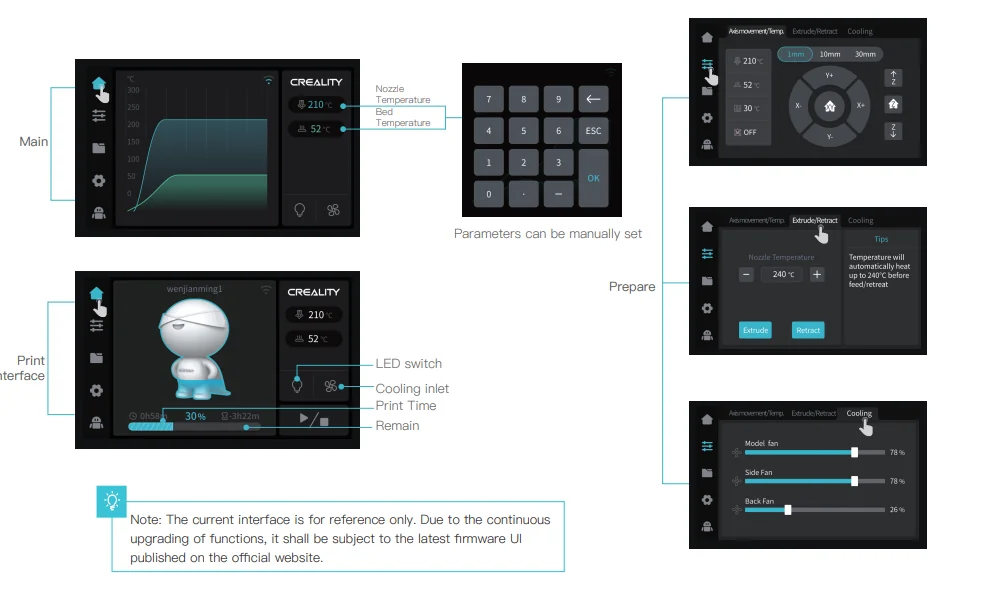 Creality K1 Max 3D printer interface with temperature controls, parameters, and fan settings, showcasing sample print, graphs, and touchscreen options.