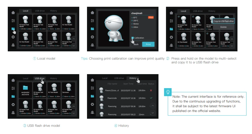 Creality K1 Max UI with 3D model management showing local, USB, history tabs, and print calibration tips. Models displayed are printed by Creality K1 Max.