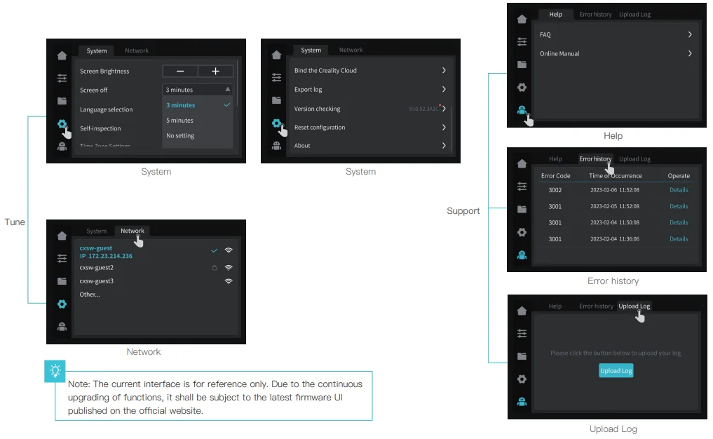 Creality K1 Max printer UI features system settings, network options, help, error history, and upload log tabs, illustrating user interface elements.