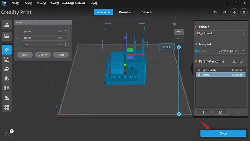 Creality K1 Max 3D printer interface showing a virtual model on the grid for slicing, ready for high-quality printing, settings visible on the right.