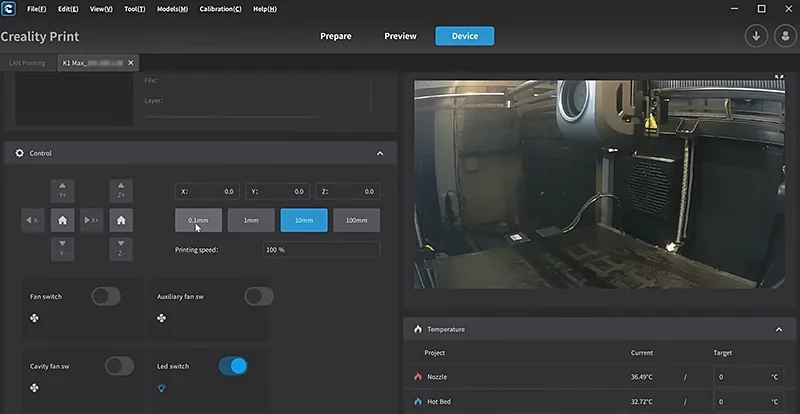 Creality K1 Max 3D printer interface showing control panel, temperature settings, and print bed view, showcasing design and functionality features.