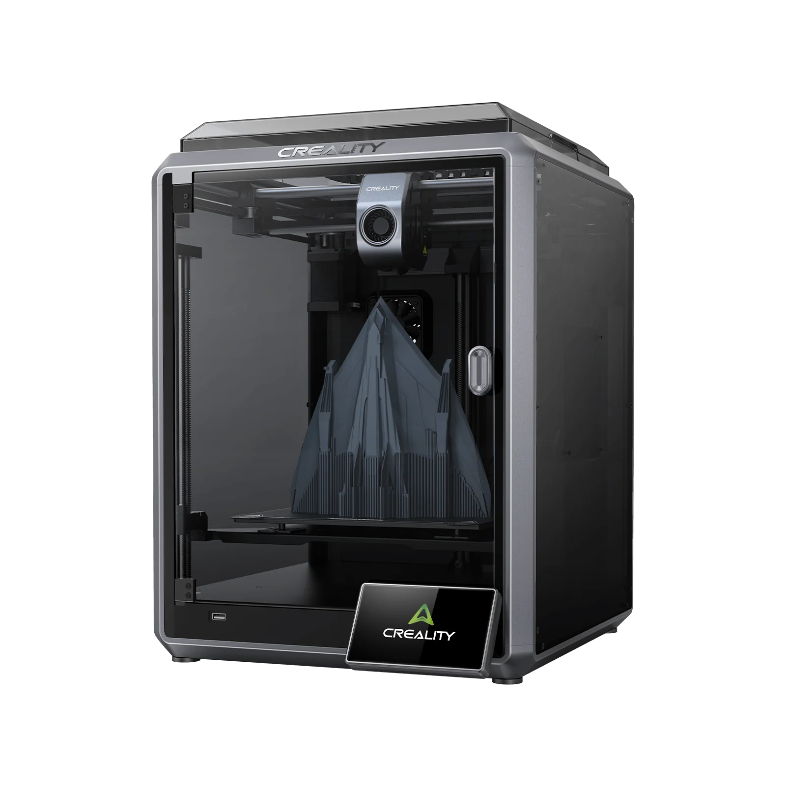 Creality K1 Max 3D printer with a sleek design, showcasing a detailed geometric print inside. Branding visible on top and touchscreen.