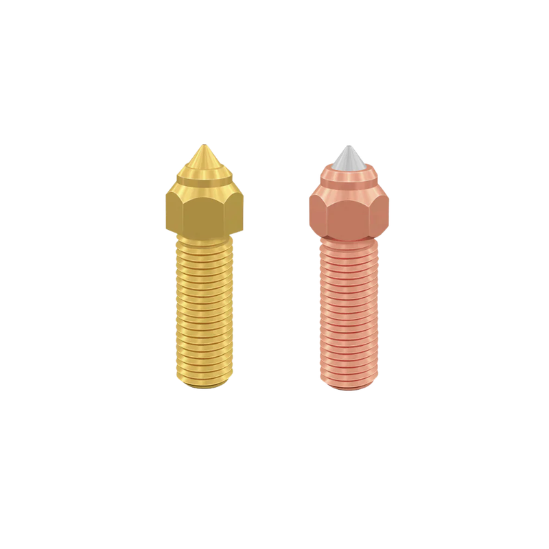 Creality K1 Max nozzles, one gold and one copper, showcasing 3D printer component detail against a white background.