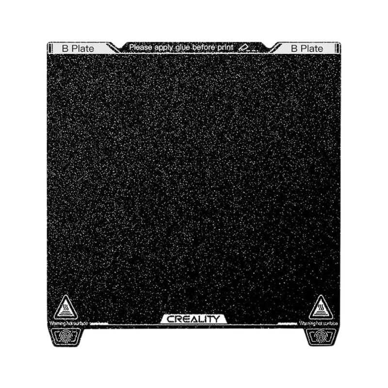 Creality K1 Max textured build plate labeled "B Plate," with branding and glue application reminder, for 3D printing.