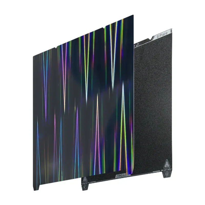 Creality K1 Max magnetic build plate with rainbow light patterns and textured surface, showcasing its advanced 3D printing capabilities.