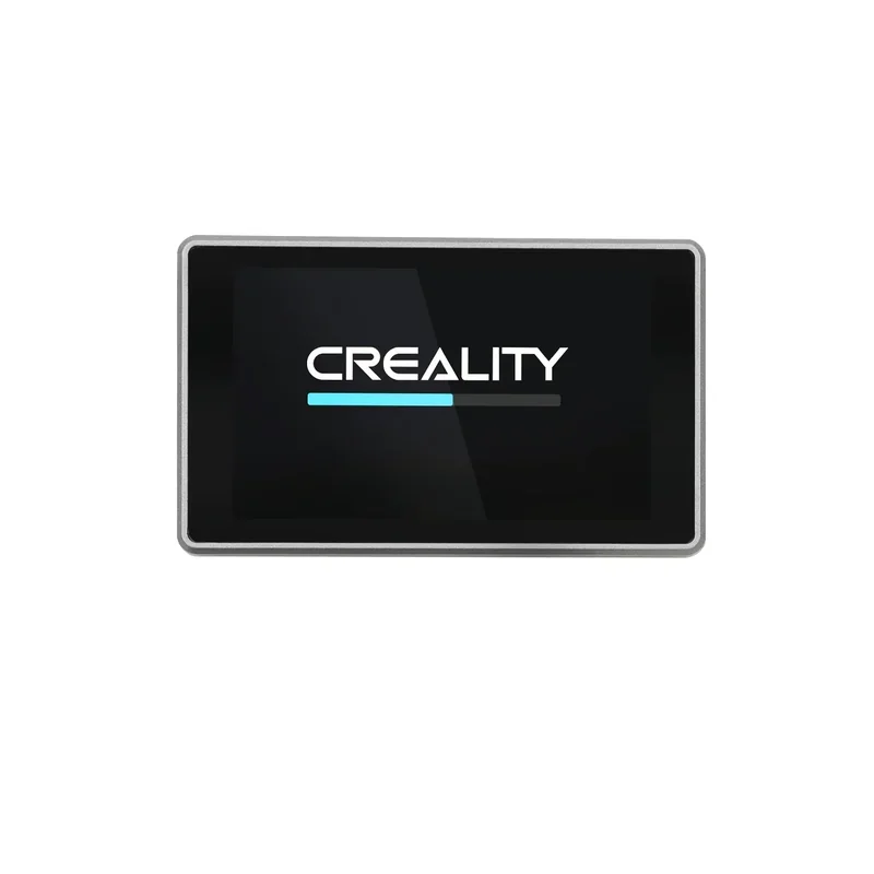 Creality K1 Max touchscreen displaying the Creality logo on a sleek black interface with a progress bar.