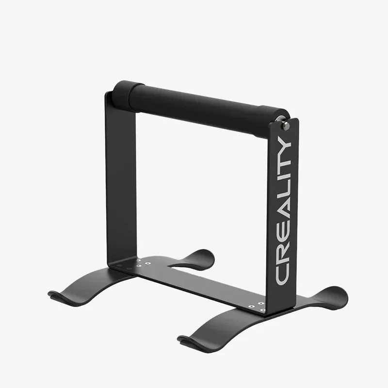Creality K1 Max accessory holder stand with black metal frame and branding on a white background.