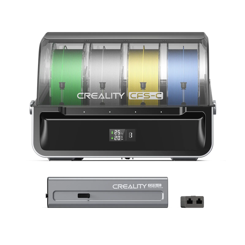 Creality K1 Max 3D printer with filament dispenser, CFS-C, holding four colorful spools. Digital display shows temperature settings.