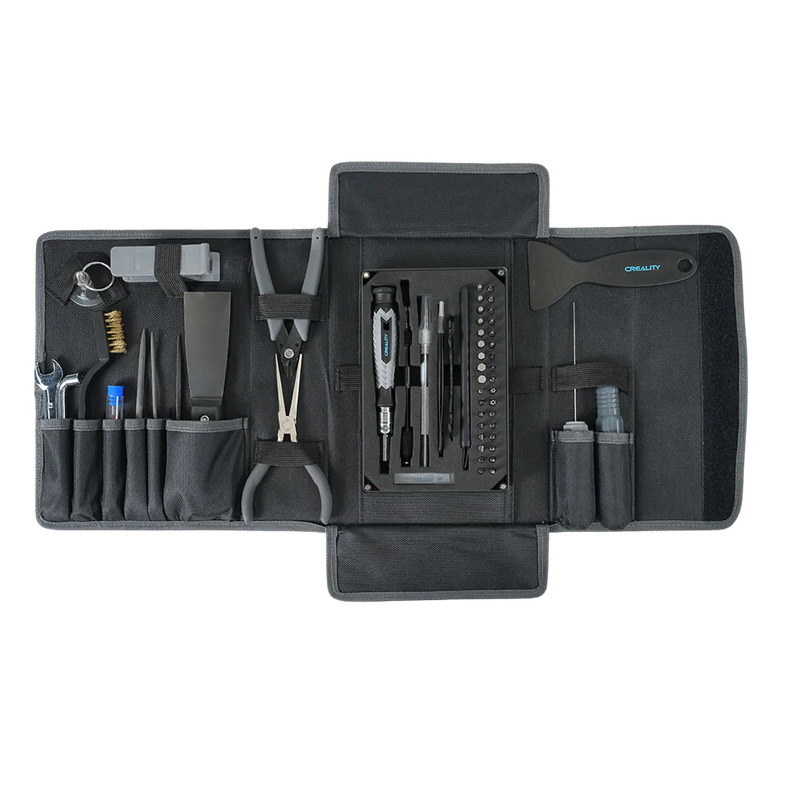 Creality K1 Max tool kit with pliers, screwdriver, and organized tools in a black case, showing branding, essential for 3D printer maintenance.