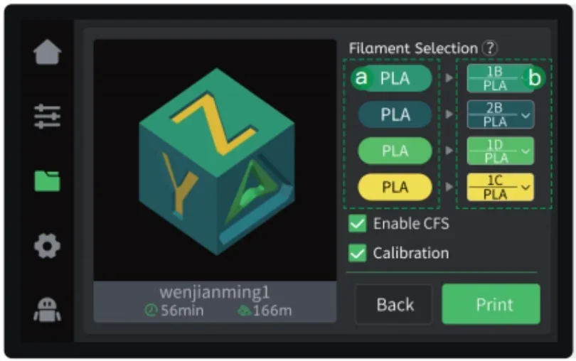 Creality K2 3D printer interface displaying a sample 3D model, filament options, and settings. Model is estimated to take 56 minutes and 166 meters.