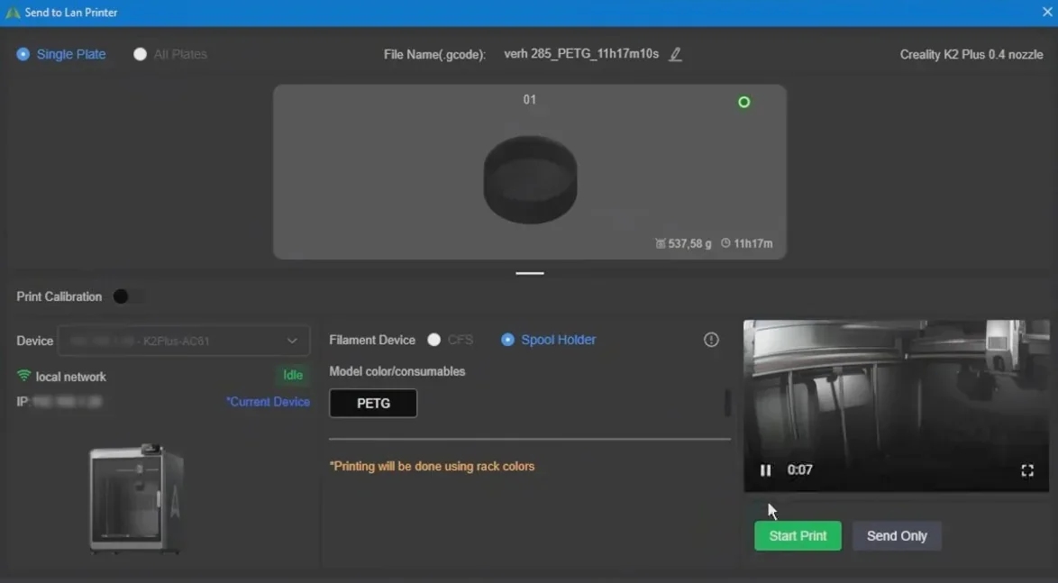 Creality K2 interface showing 3D print setup for a ring-shaped object in PETG material, with device options and printing status details on screen.