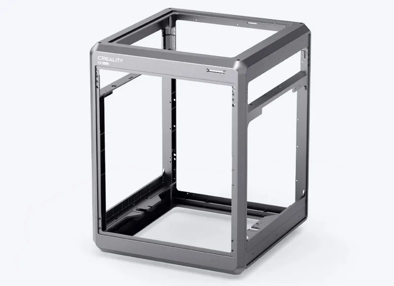 Creality K2 3D printer frame with a sleek metal structure, showing open sides, designed for easy access and integration of components.