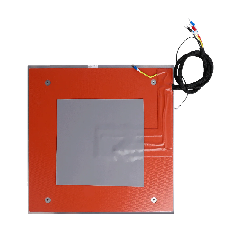 Creality K2 heated bed with a red surface, gray central area, and attached cables, designed for precise 3D printing.