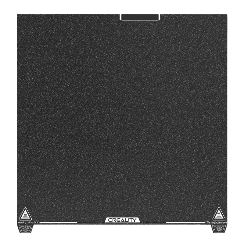 Creality K2 textured build plate with branding, designed for 3D printing; features a black speckled surface and "Warning Hot Surface" labels.