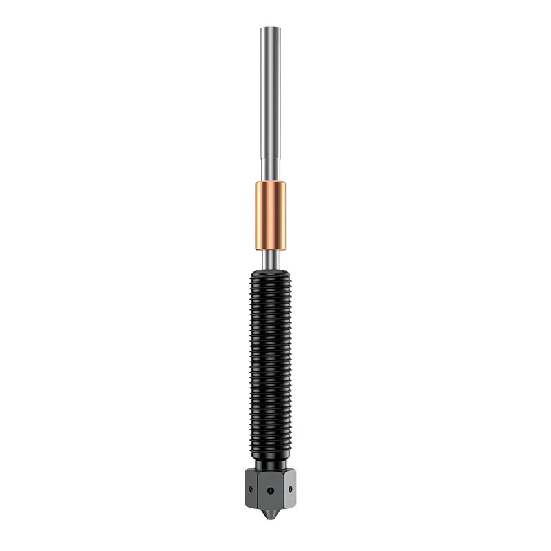 Creality K2 3D printer nozzle with a copper heat block, metal frame, and black cooling fins, showing component details against a white background.
