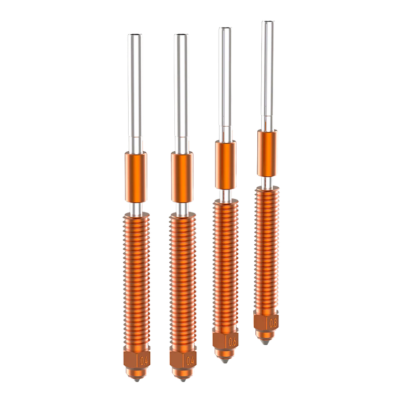 Creality K2 3D printer nozzles in copper, featuring various sizes, designed for precision printing.