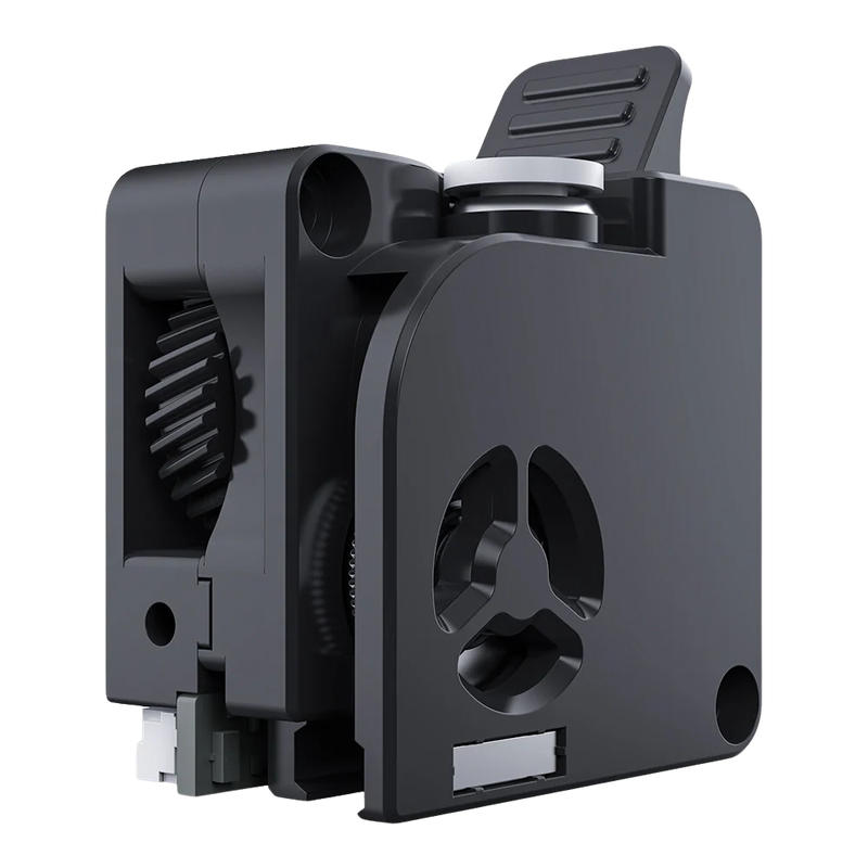 Creality K2 3D printer component showing a black, compact design with visible gears, indicating intricate engineering and precision.