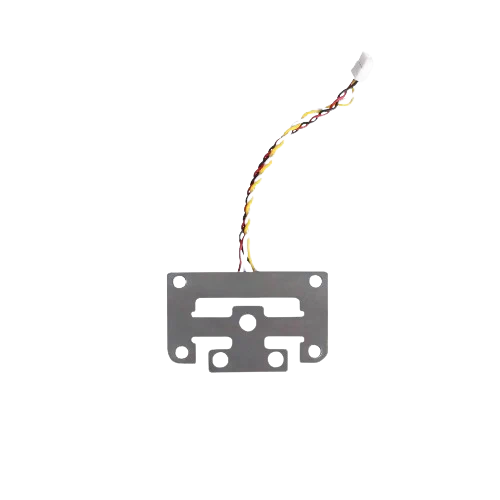 Metal component with wires, likely created by Creality K2 3D printer, featuring holes for assembly against a plain, neutral background.