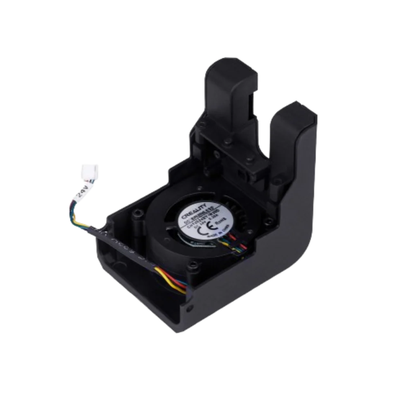 Creality K2 3D printer component with visible wiring and branding. Black plastic housing with circular fan and connector socket.