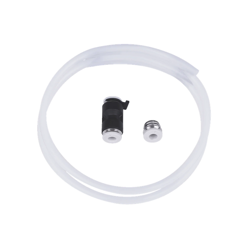 Creality K2 printer parts: clear tubing and two connectors on a neutral background.