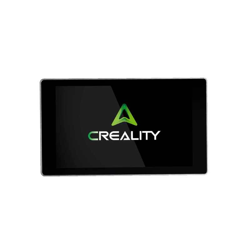 Creality touchscreen displaying the Creality logo, likely for the K2 3D printer, on a black background.
