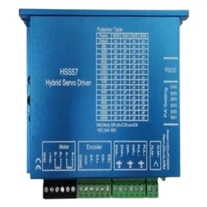 Blue HSS57 Hybrid Servo Driver with labeled ports and a table, relevant to creatbot d1000 3D printer operations.