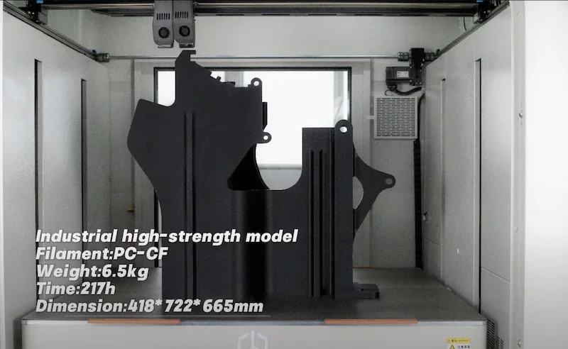 Creatbot D1000 3D printer displaying a large industrial model in PC-CF filament, dimensions 418x722x665mm, printed in 217 hours.