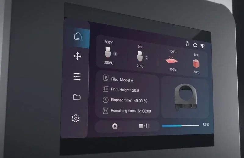 Creatbot D1000 Pro HS touchscreen interface showing print details and temperatures.
