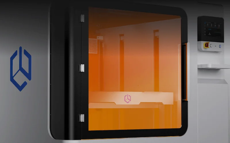 Creatbot D1000 Pro HS 3D printer with orange-tinted enclosed chamber, control panel, logo on door; designed for large-scale, precise printing.