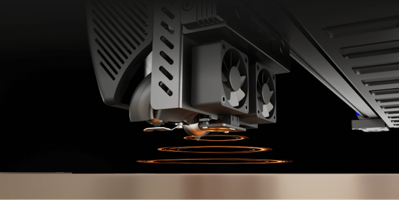 Creatbot D1000 Pro HS 3D printer nozzle extruding material, showcasing circular layers, with fans, detailed components, and precise build platform.