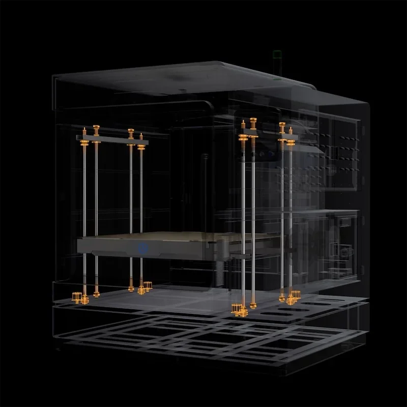 3D rendering of Creatbot D1000 Pro HS printer with transparent housing, highlighting internal mechanical components on a dark background.