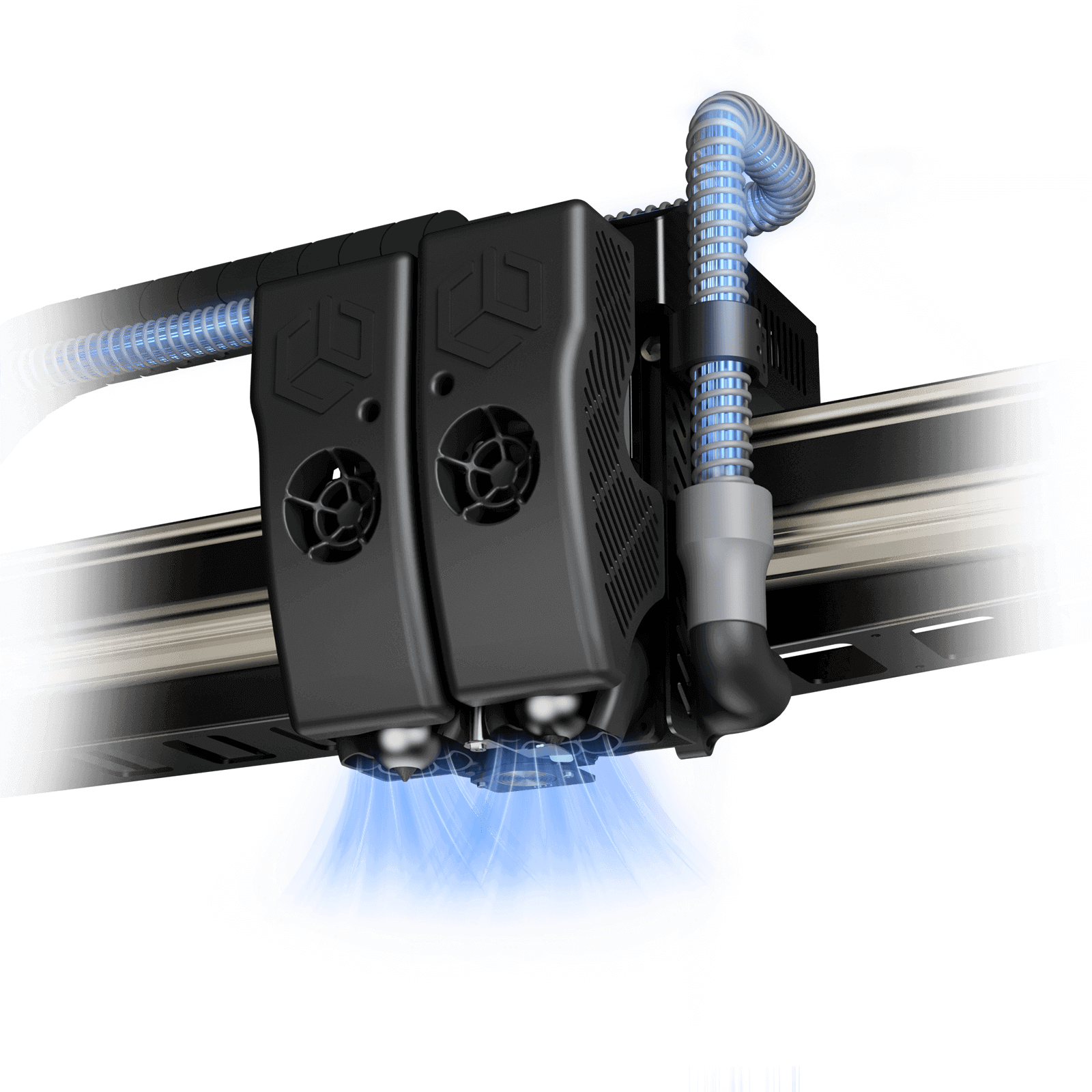 Creatbot D1000 Pro HS 3D printer extruder with blue lighting, showcasing robust dual-fan cooling and advanced filament delivery system.