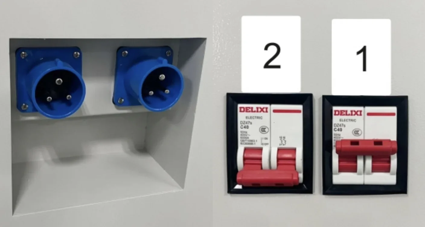 Blue circular plugs and two red Delixi circuit breakers, numbered 1 and 2, likely interface components for the Creatbot D1000 Pro HS 3D printer.