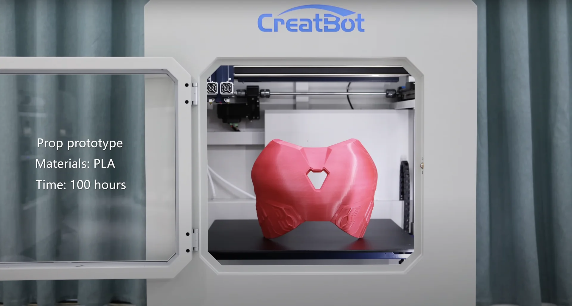 CreatBot D600 Pro 3D printer with pink prop prototype inside, made of PLA in 100 hours; CreatBot branding visible.