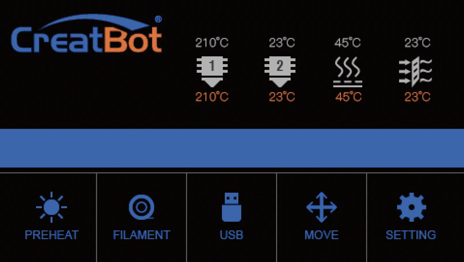 CreatBot D600 Pro control panel with temperature indicators, preheat, filament, USB, move, setting icons on a black and blue interface.