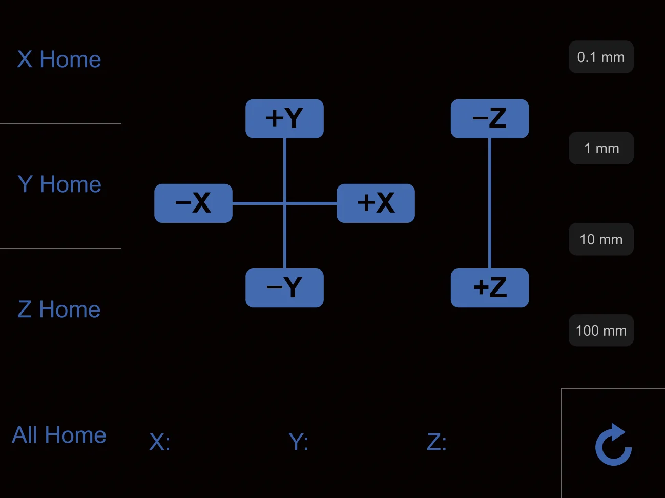 Creatbot D600 Pro control interface showing axis directions for X, Y, Z, and movement increments from 0.1 mm to 100 mm.